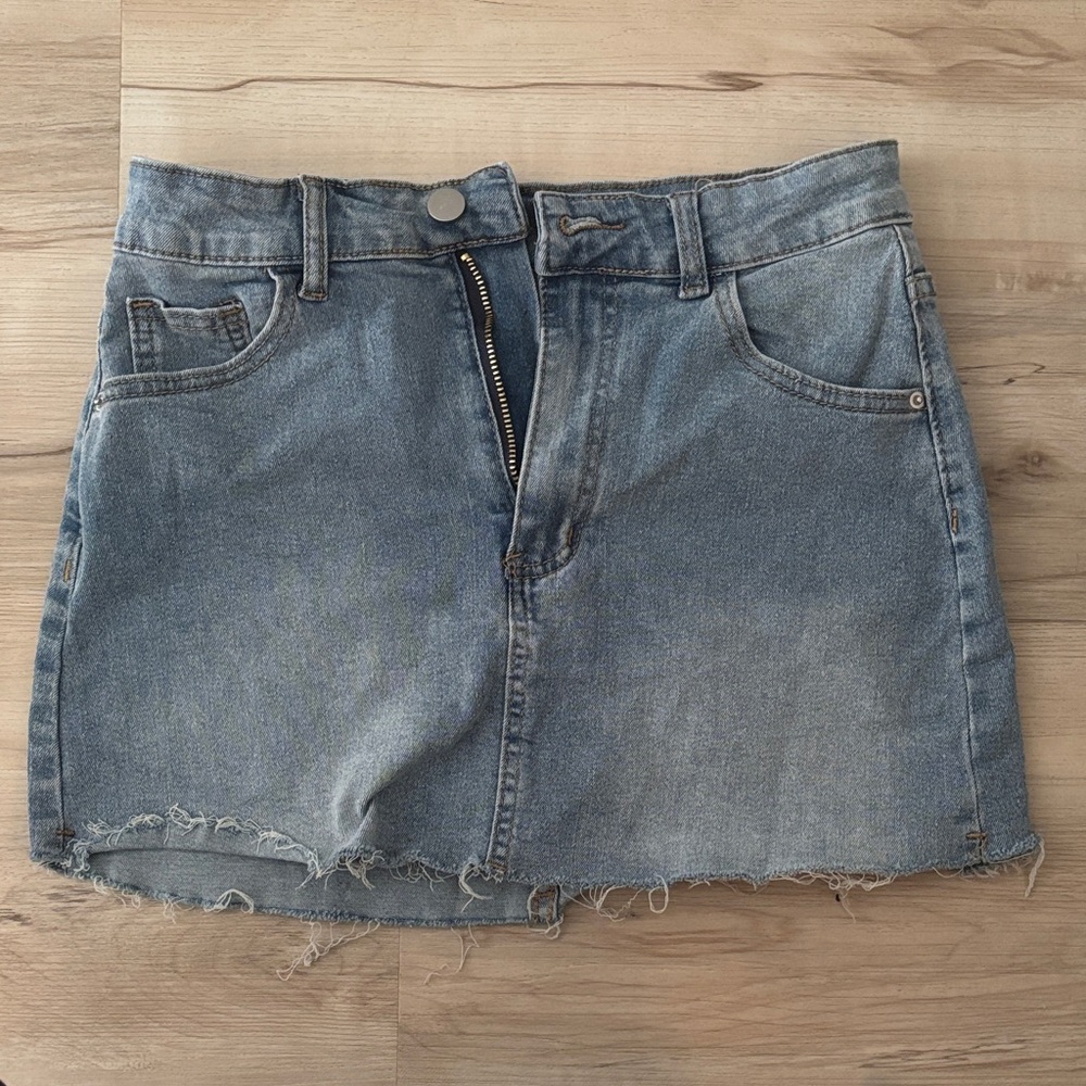 Denim Mini Skirt with Frayed Hem